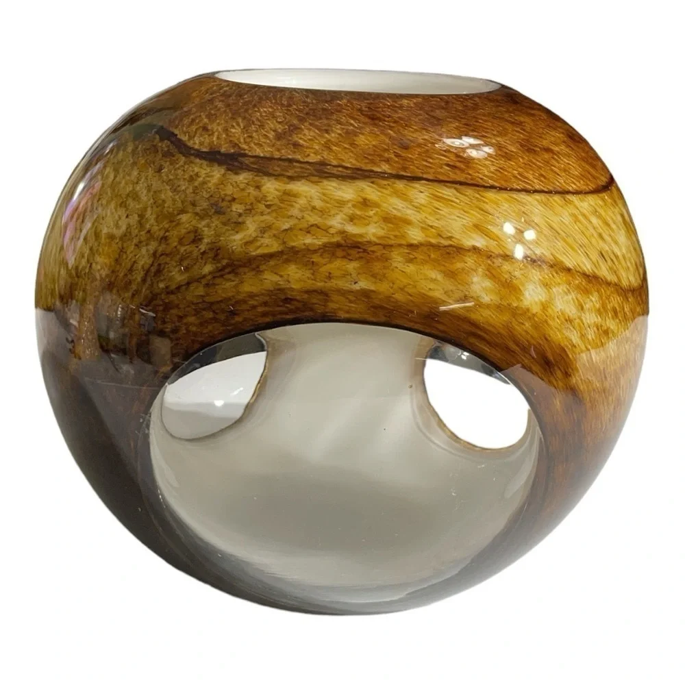 Murano Tortoise Shell Cased Glass Fish Eye Vase 3 Cut Clear Windows 7